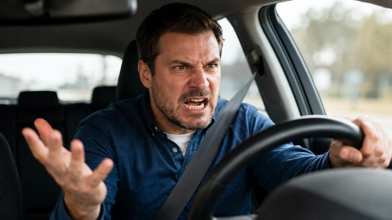 Adult man in driver seat shouting in anger, one hand raised in frustration, other gripping steering wheel.