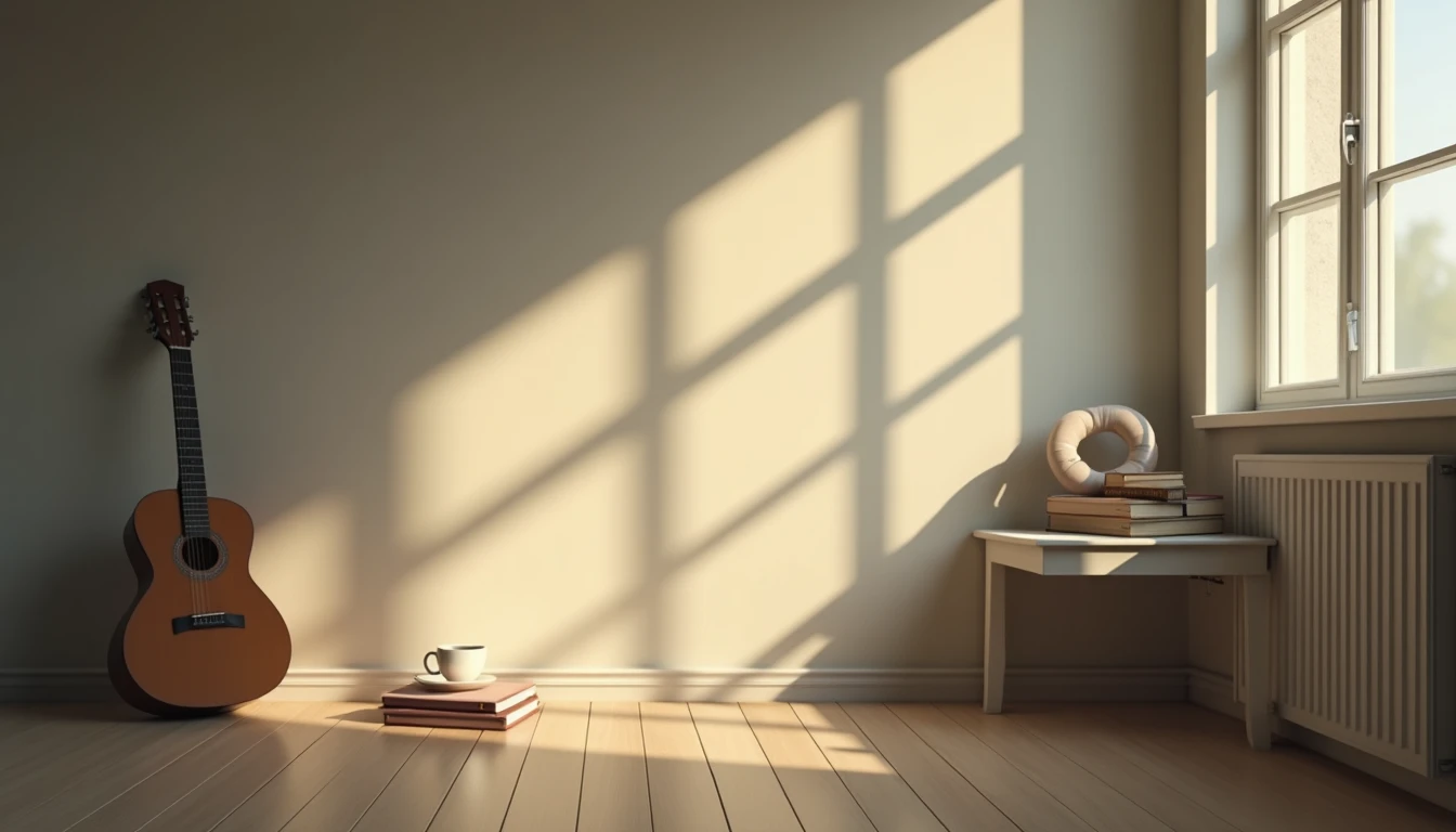 Quiet beige and gray room with long shadows, dust, closed guitar, stacked books, coffee.