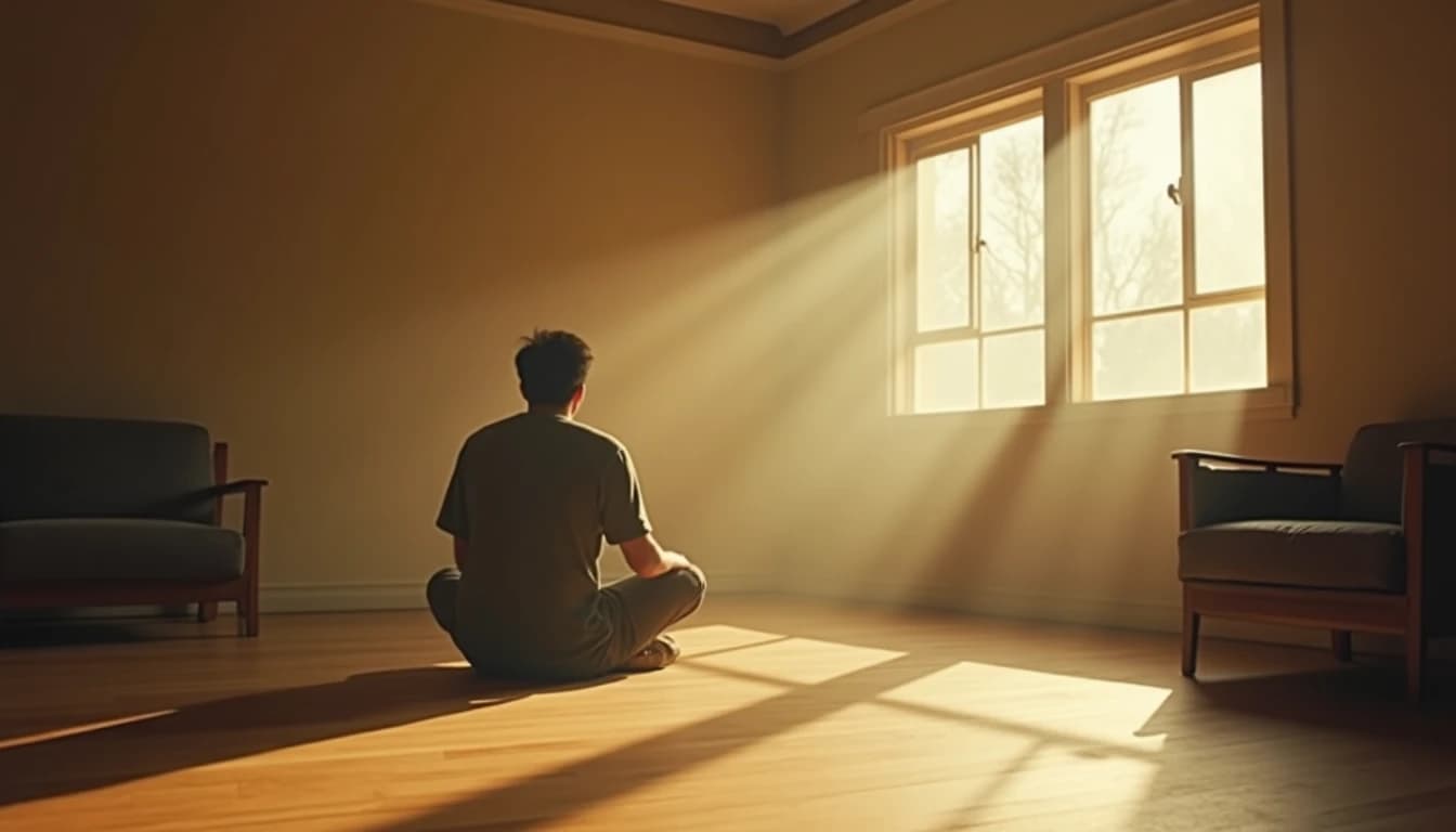 Person with back to camera sits in sparse room, bathed in warm window light.