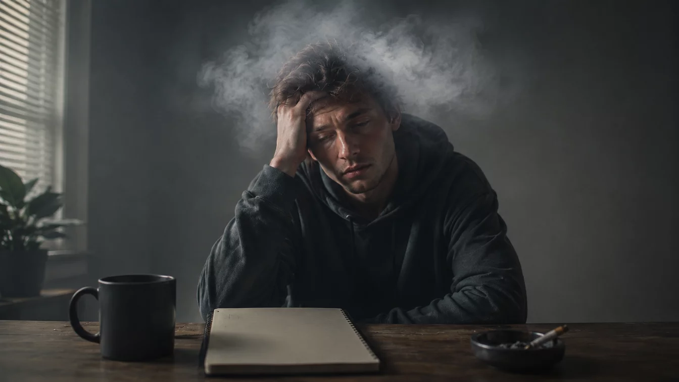 Man in dark hoodie at wooden table with head propped on hand, smoke drifting around his head, mug and notepad on the table.