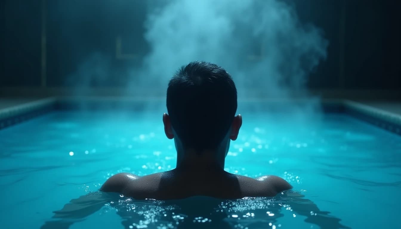 Figure from behind in icy-blue cold plunge with rising steam and soft rim-lighting on shoulders