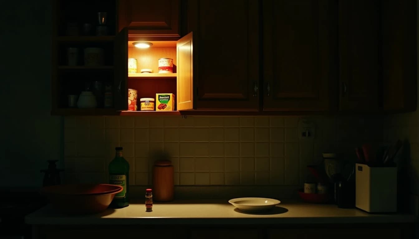 Dimly lit kitchen with warm amber light, open cupboard, wooden shelves, packaged foods, empty plate.