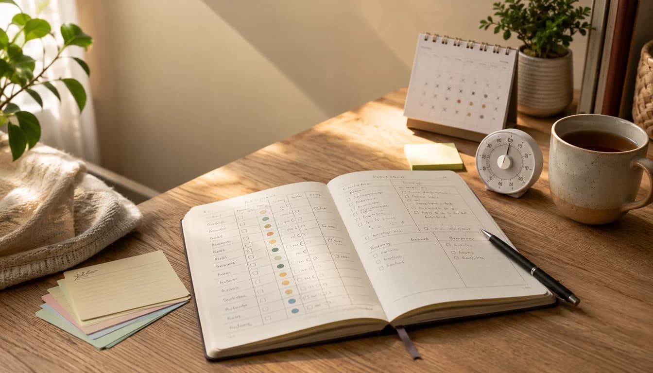 Worn spiral notebook open on wooden table showing dense handwritten rows in faded blue ink