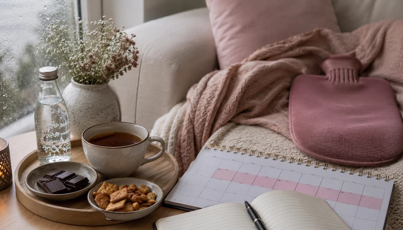 Paper calendar with final week circled in pencil on dim cluttered bedside table at evening.