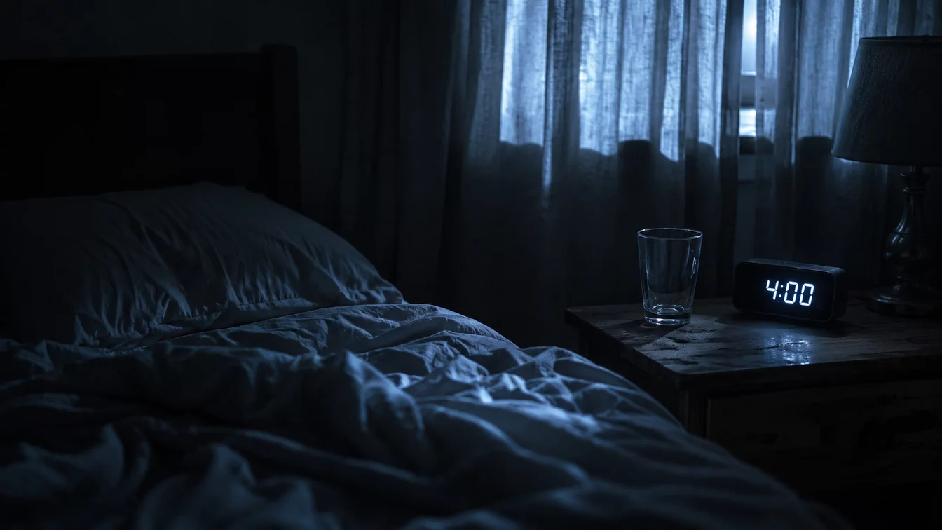 Dim bedroom with rumpled bedsheets and a glass beside a digital alarm clock showing 4:00 a.m.