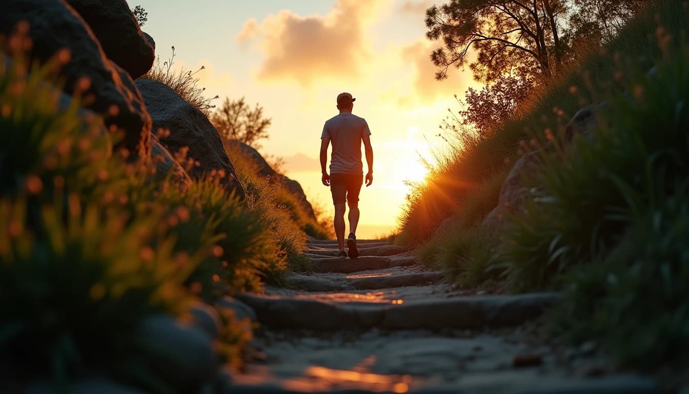 Hiker climbing rocky trail at dawn from below, cap brim down, golden sky above.