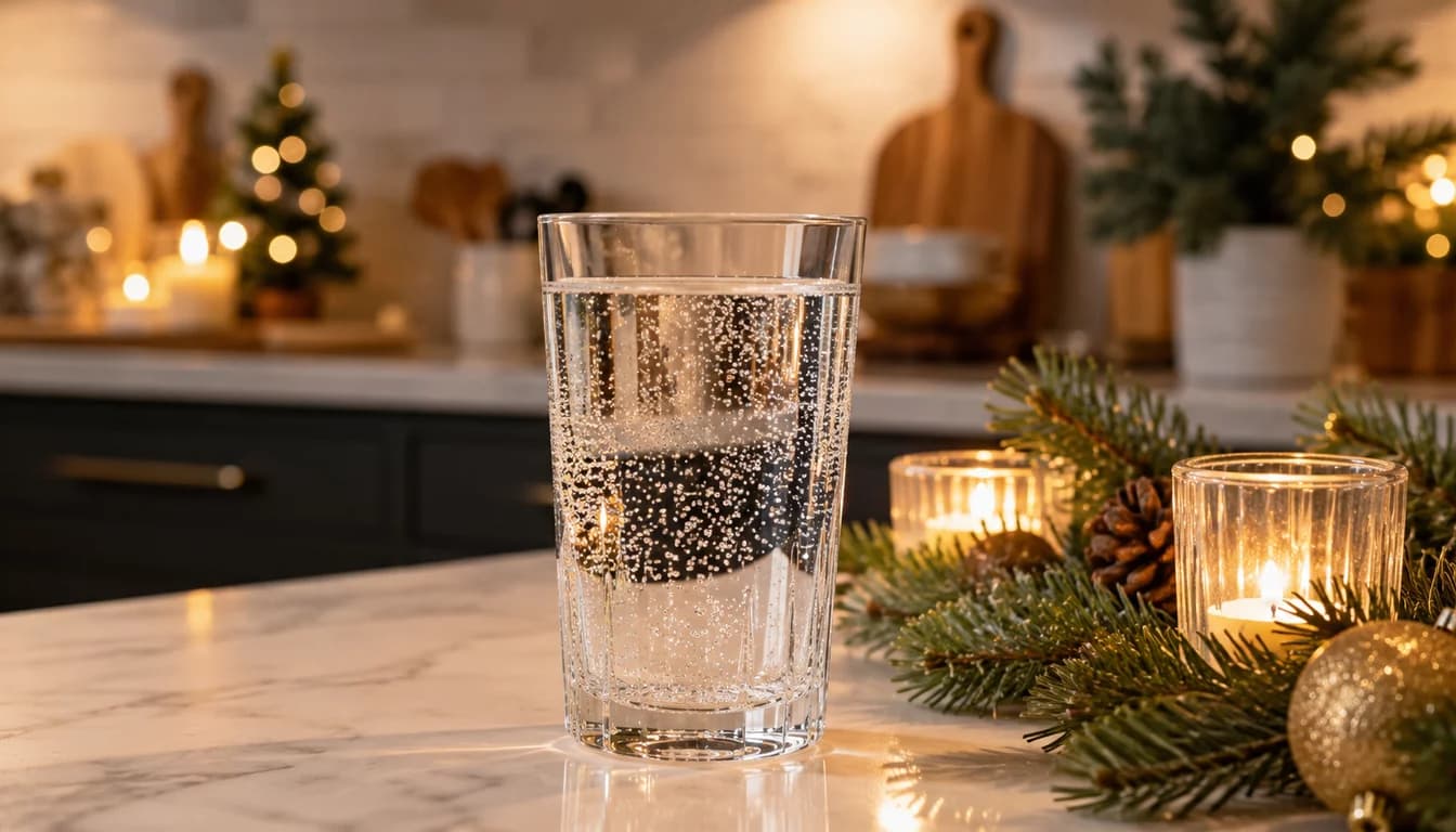 Sparkling water glass on a holiday kitchen counter surrounded by pine sprigs and candles