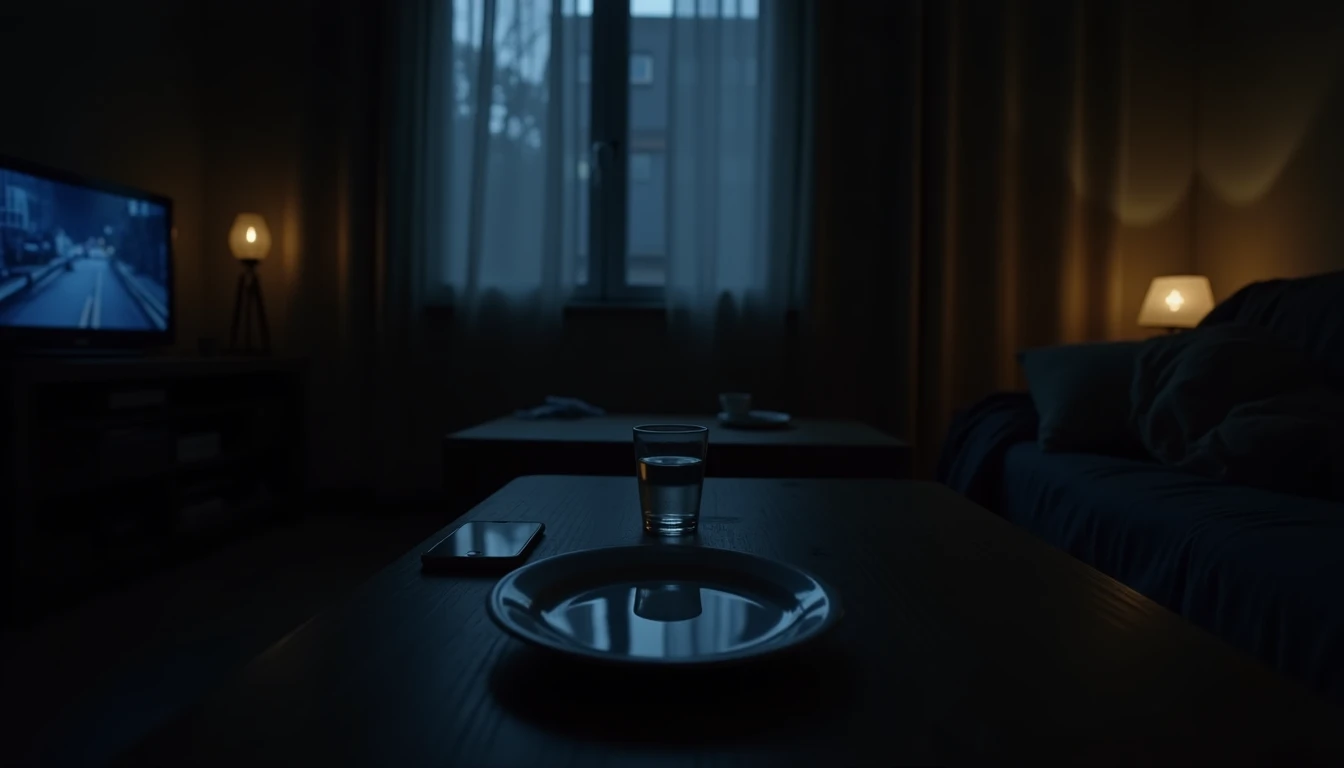 Dimly lit living room at night with phone glow, empty plate, and rumpled couch.