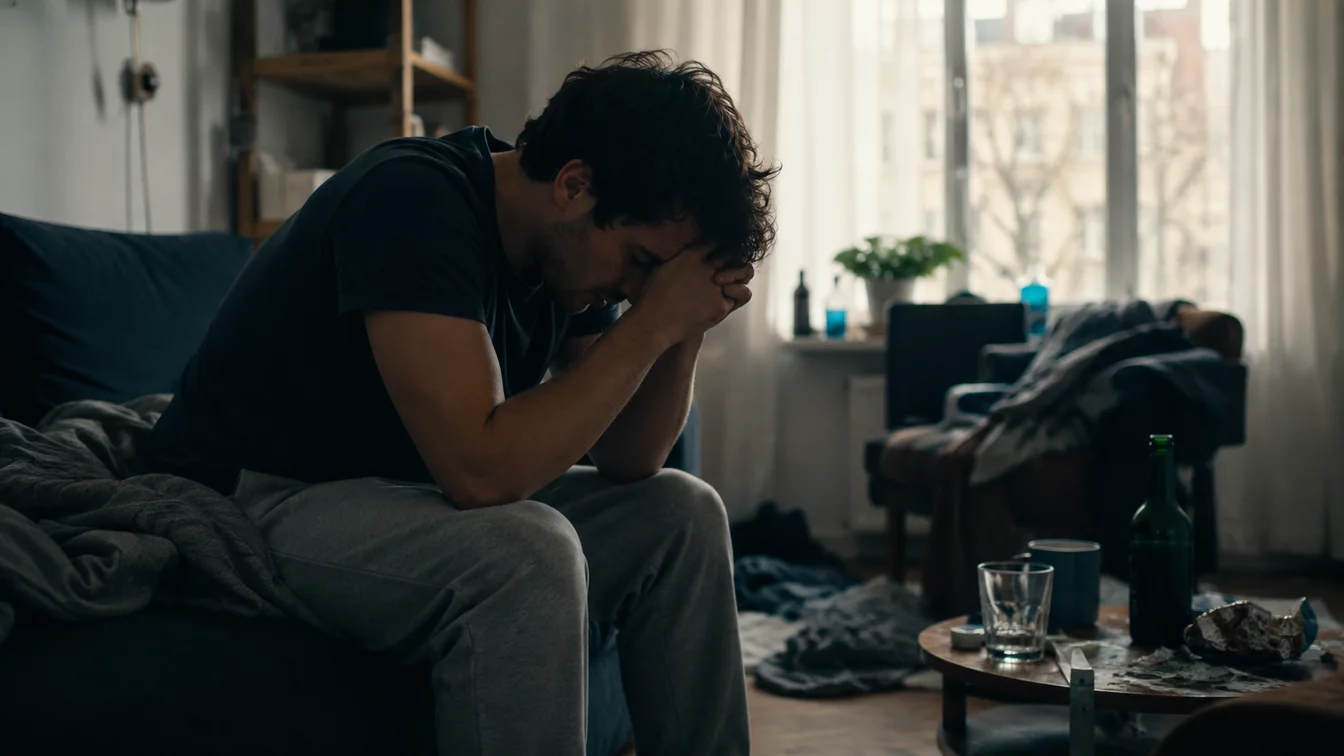 Young man on couch with head in hands amid messy living room with empty bottle and glass on coffee table.