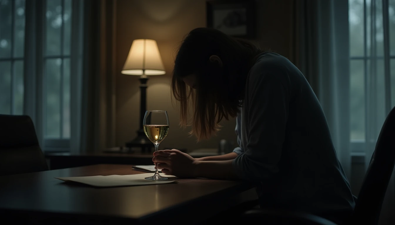 Figure in three-quarter view cradles wine glass in dimly lit professional space, hair falling forward.