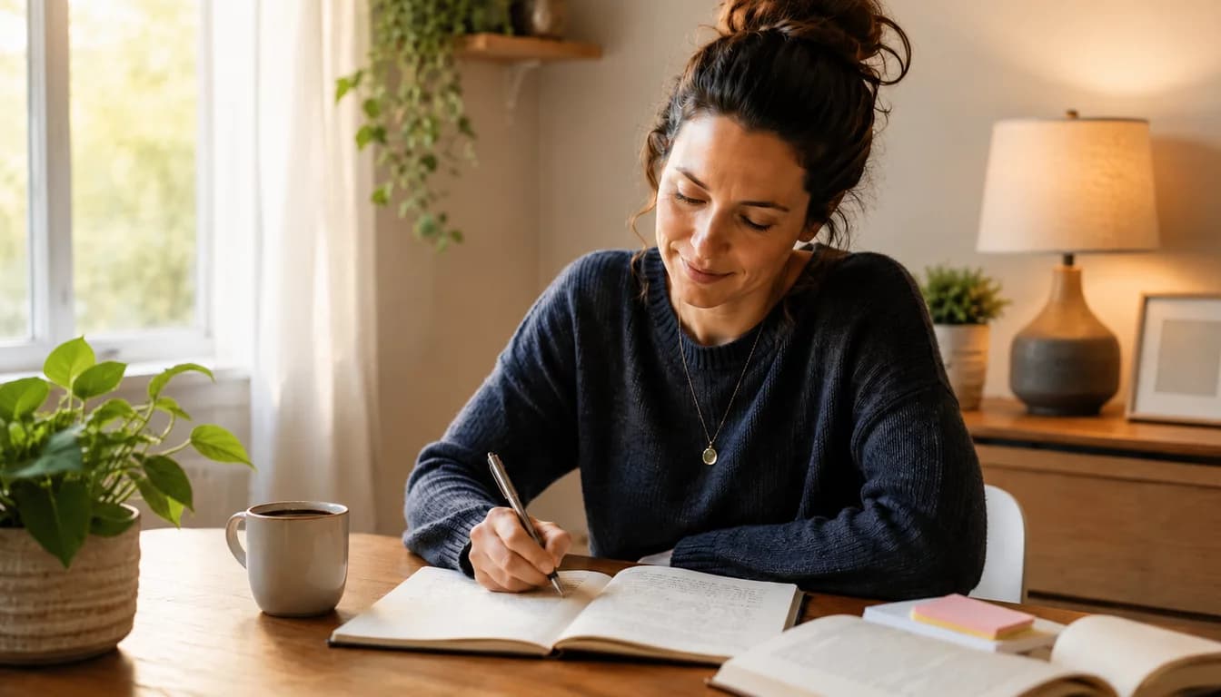 Open spiral notebook with dense handwriting on a scarred desk in gray morning light