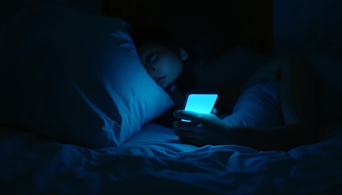 Figure in semi-silhouette leaning toward glowing smartphone screen casting cold blue light in darkened bedroom.