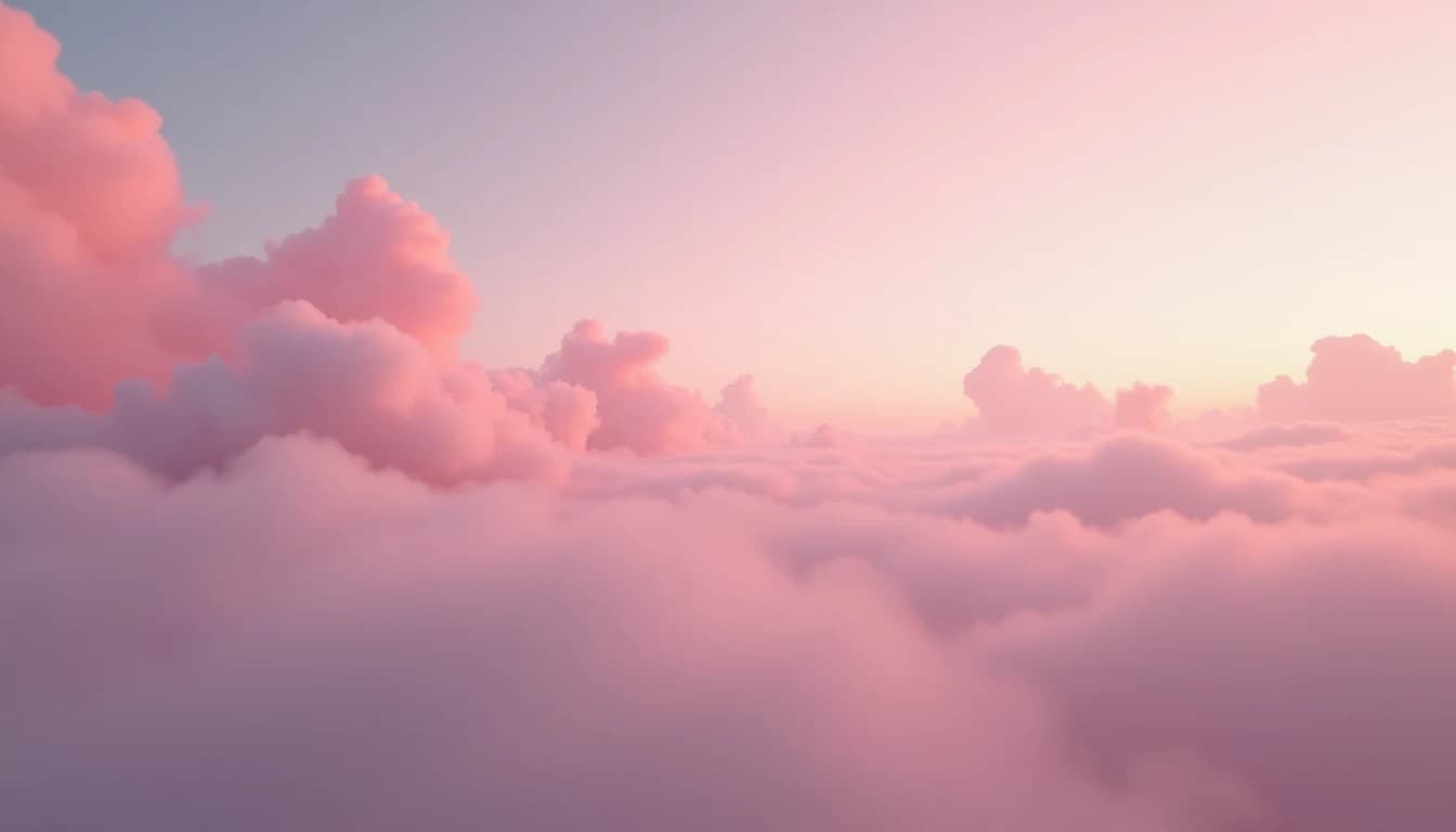 Pink and rose clouds fill a wide dawn sky with ethereal mist and warm light.