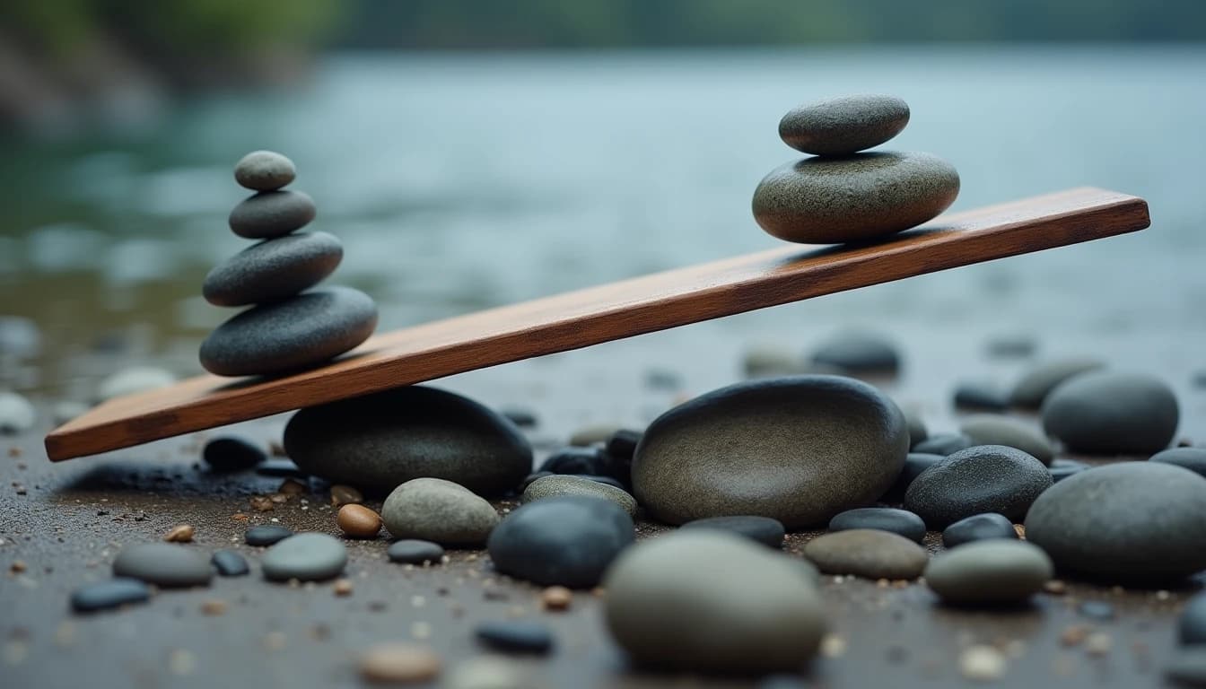 Wooden plank tilted across river stone between smooth stacked pebbles and scattered dark rocks.