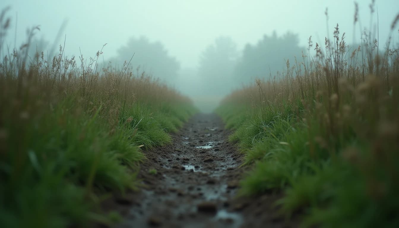 Two equally worn, muddy paths diverge through an overgrown meadow in soft morning light.
