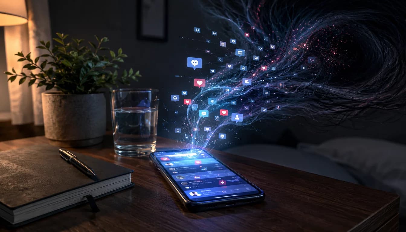 Glowing smartphone screen illuminates dark bedroom at night with blurred colorful social media feed visible.
