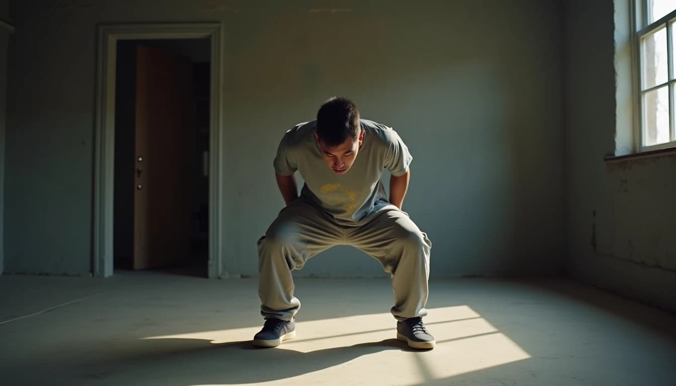 Adult mid-squat in bare concrete home gym wearing worn gray sweatpants, harsh morning light.