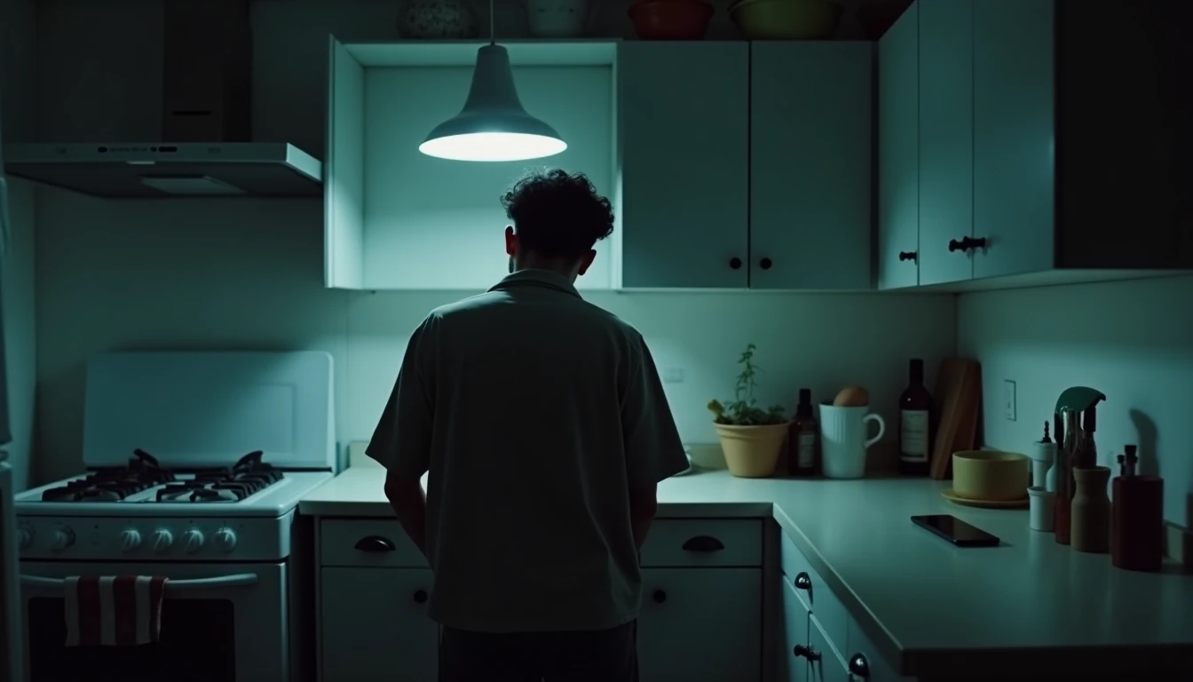 Adult at kitchen counter turned away from phone, worn clothes and averted posture conveying conflict.