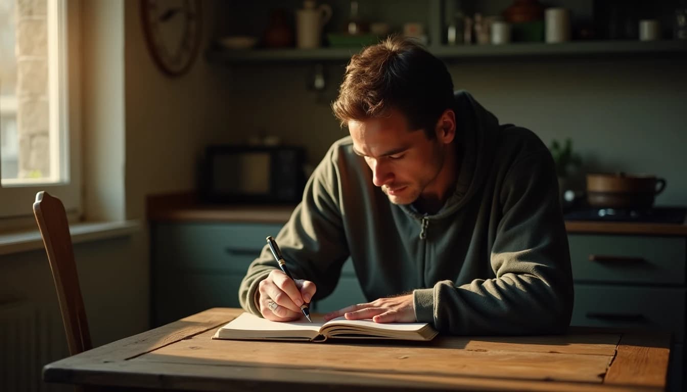 Adult bent over notebook at wooden table, soft morning light casting cool shadows.