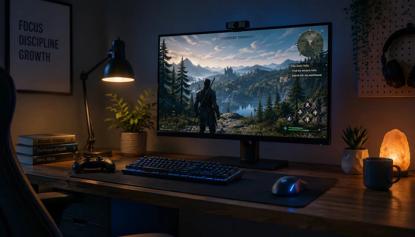 Cluttered gaming desk glowing blue at 2 a.m. with worn controller and empty energy drink can.