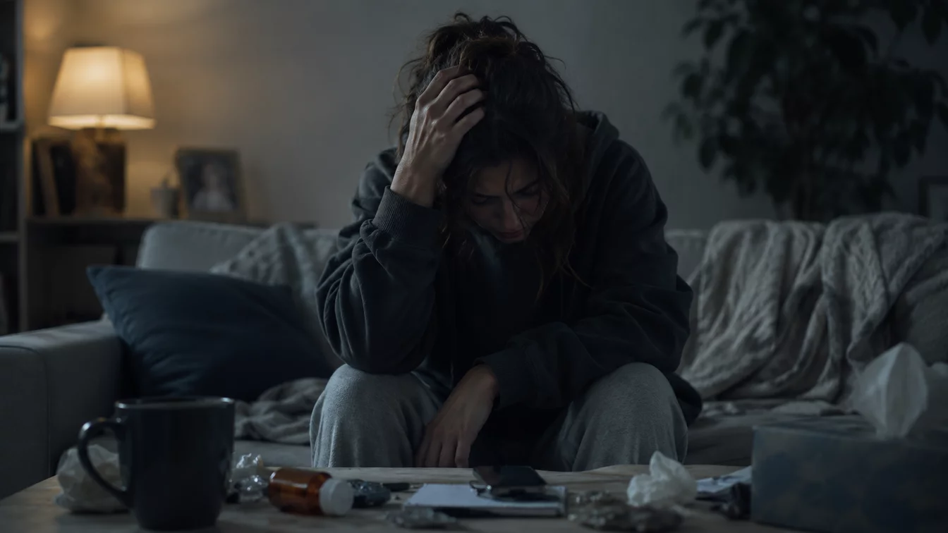 Woman in hoodie sitting on couch at dawn, head in hand, phone and clutter on the table in front of her.