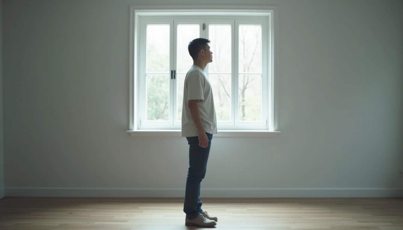 Figure in profile standing in empty room with bare walls and cool gray morning light.