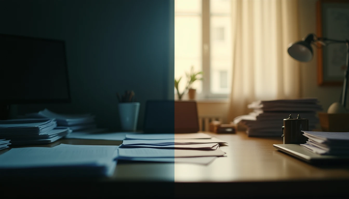 Split-frame desk: dim cluttered papers on left, sunlit organized workspace on right.