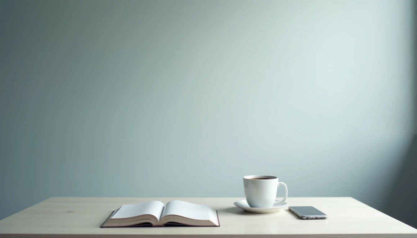 Home office desk with untouched breakfast, closed book, phone, and coffee mug in cool light