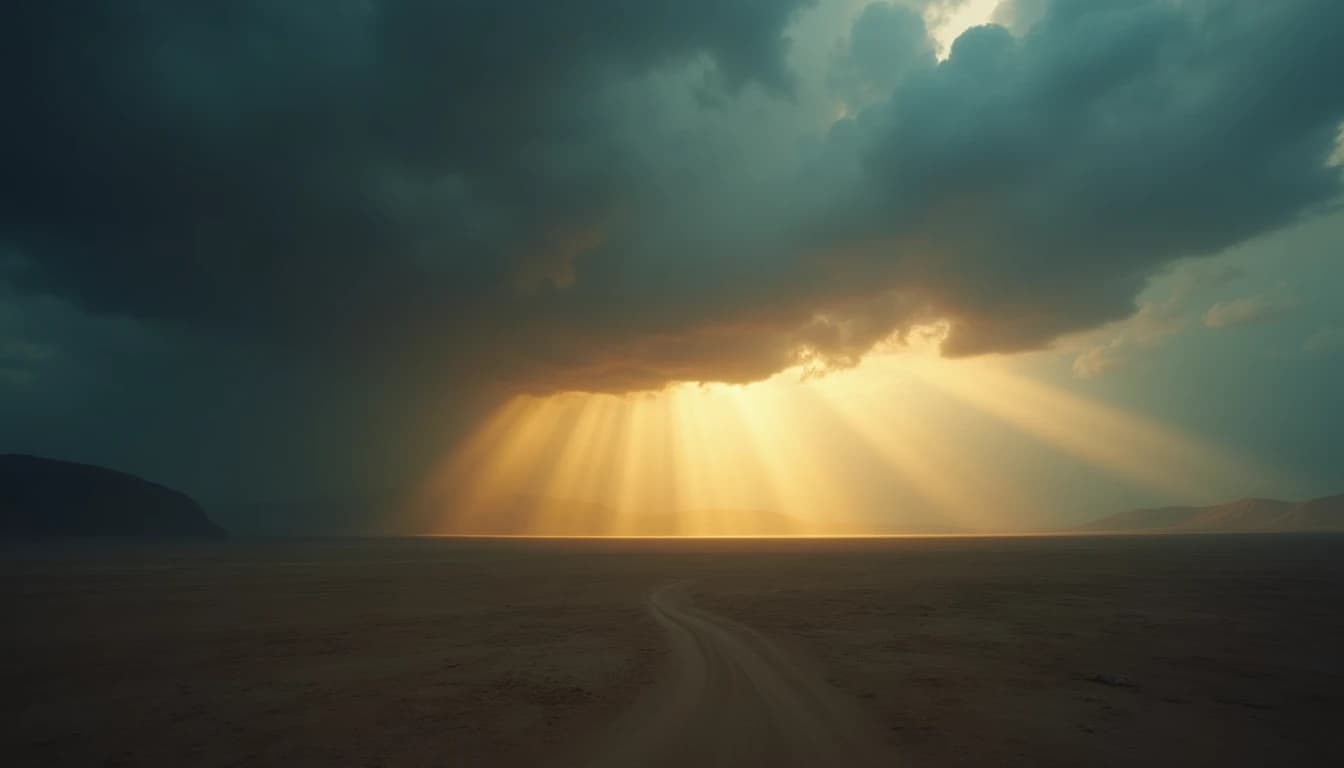 Dark turbulent clouds and barren terrain gradually giving way to golden light.