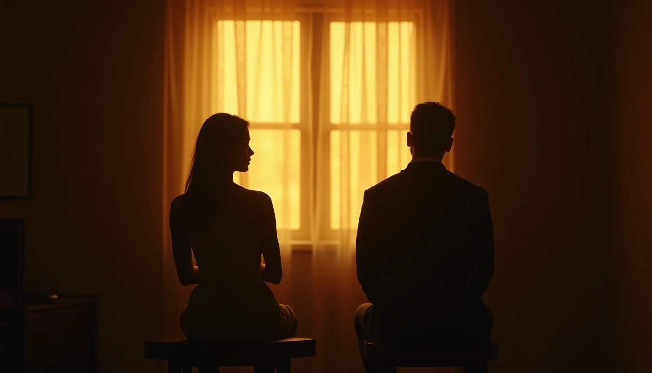 Two silhouetted figures, backs turned, one seated and one standing far apart in warm light.