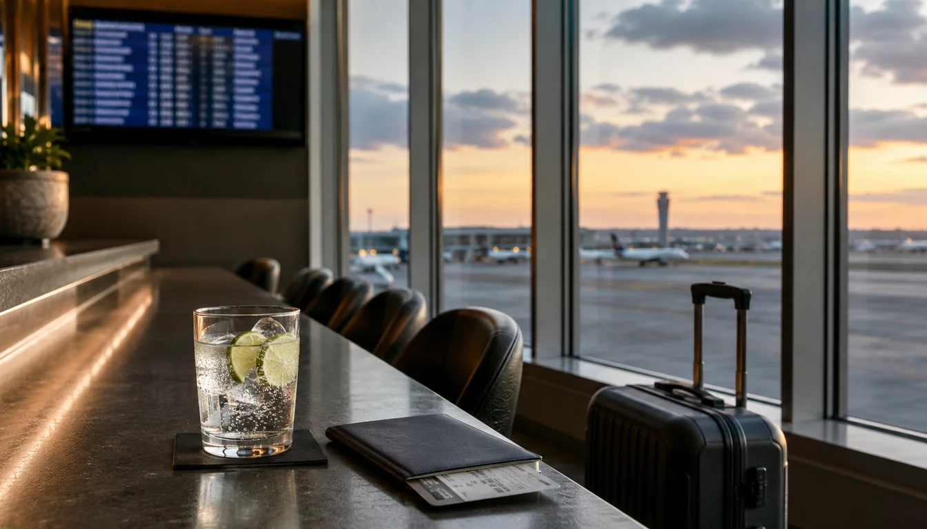 Empty airport terminal at dawn with glowing bar counter illuminated in warm amber light.