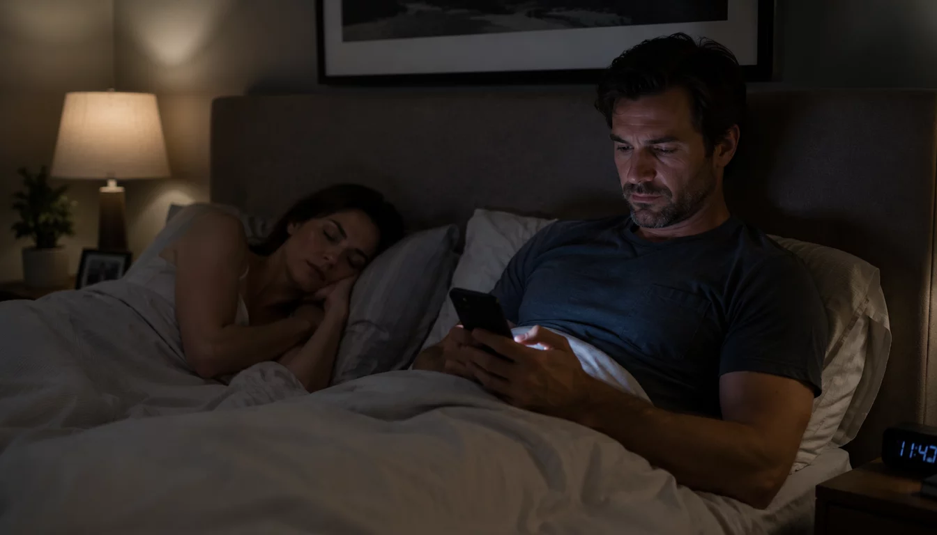 Glowing smartphone on a bedside table at dawn beside rumpled sheets and a water glass.
