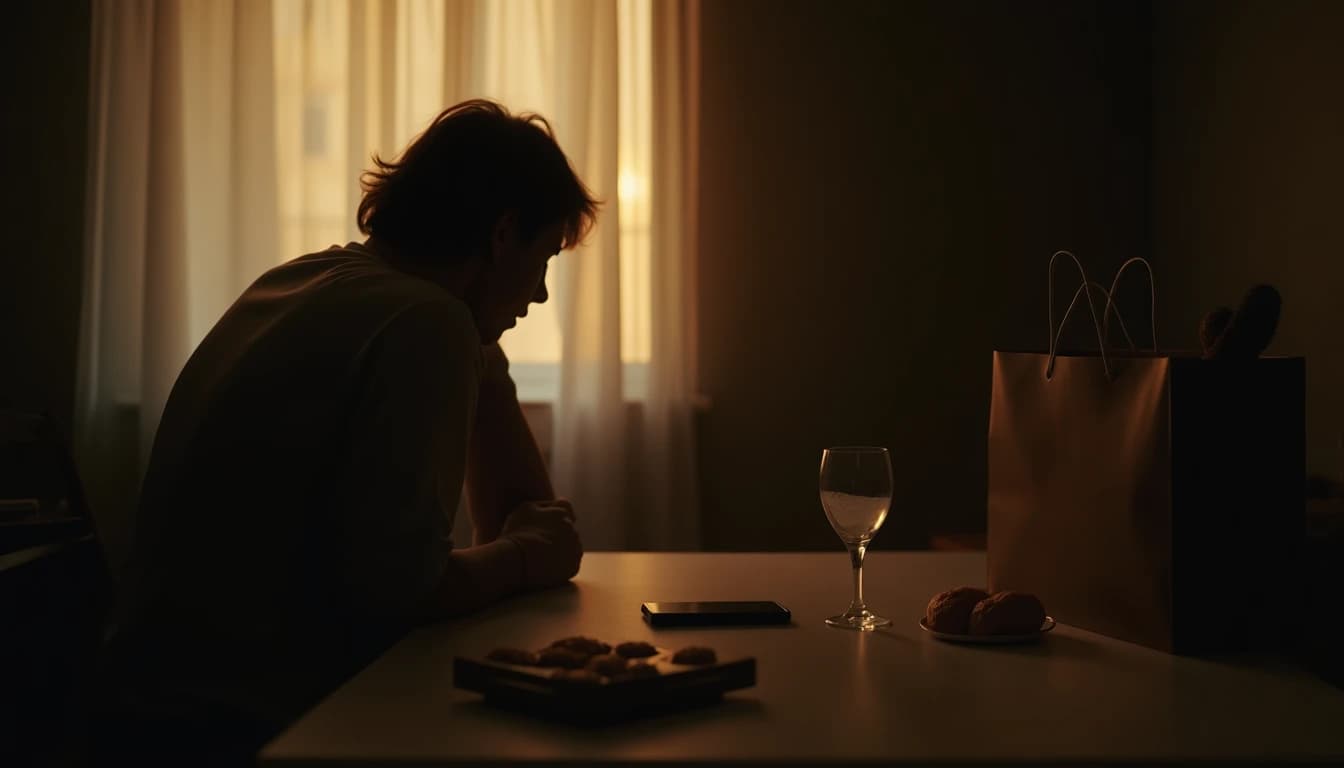 Back-turned silhouette gazing at scattered phone, pastries, empty glass, and shopping bag.