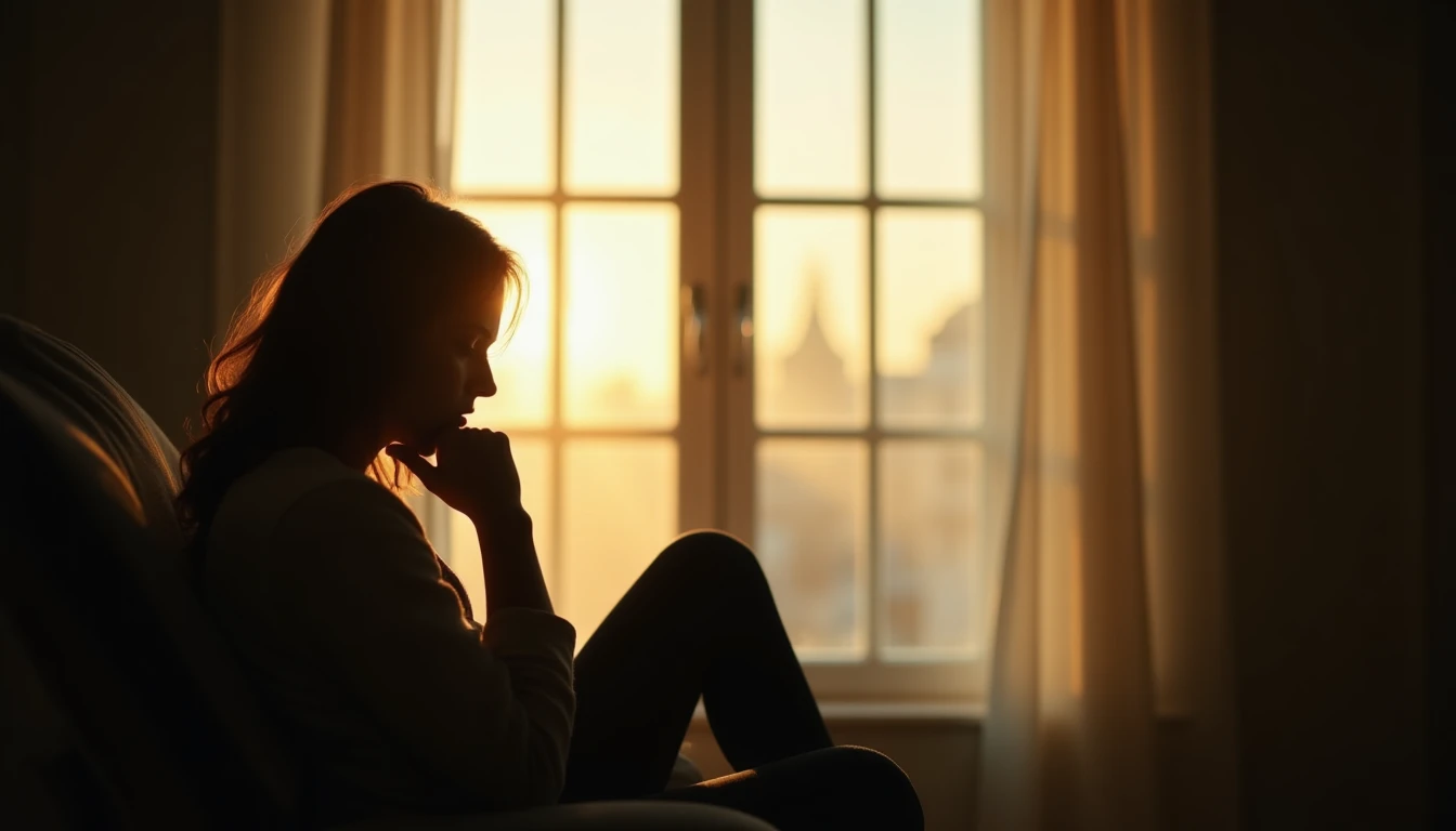 Person seated in silhouette by a window, warm morning light casting soft shadows indoors.