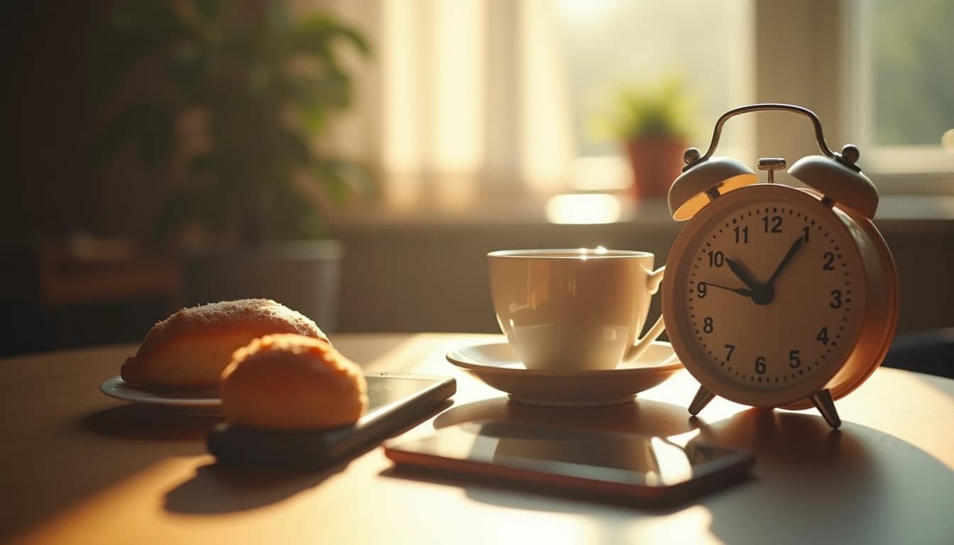 Phone, coffee cup, pastry, and alarm clock layered on wooden table in warm sunlight.