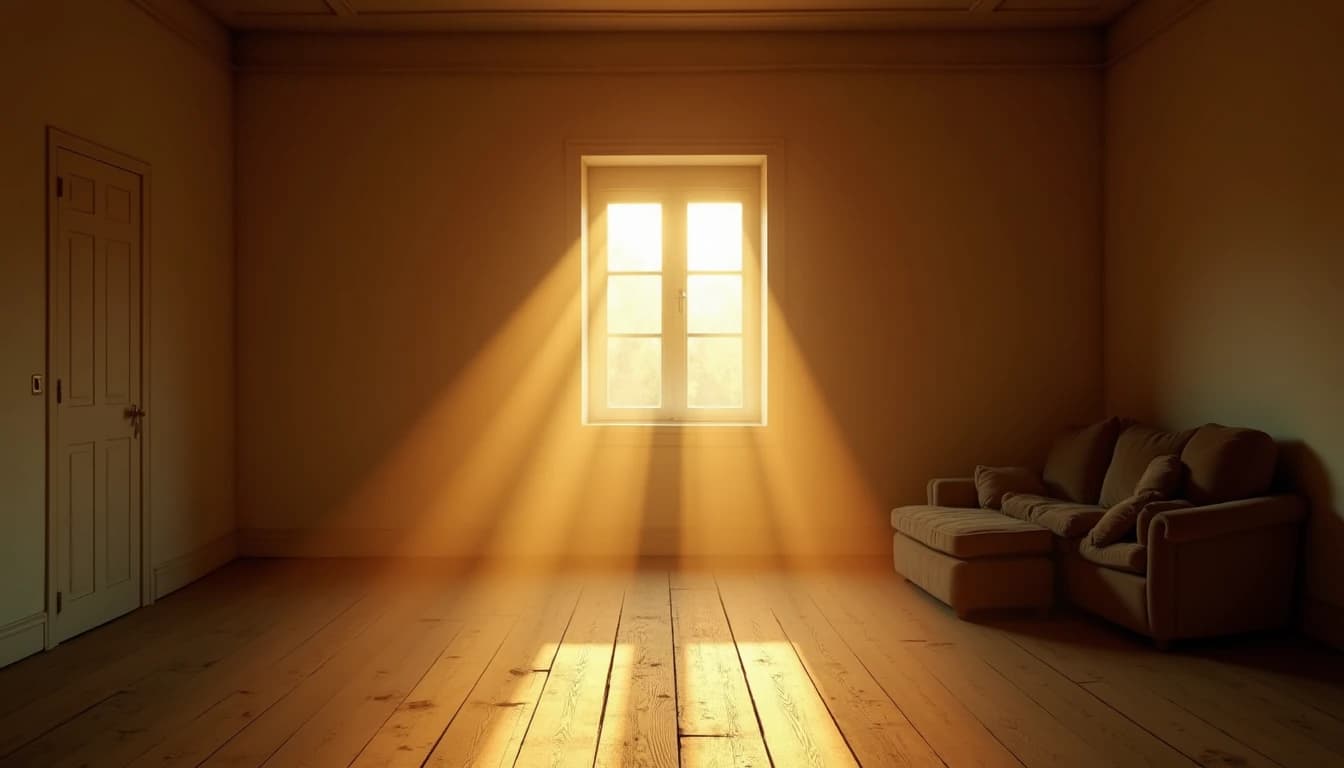Soft golden light streams through window into sparsely furnished room, casting warm shadows on wood.