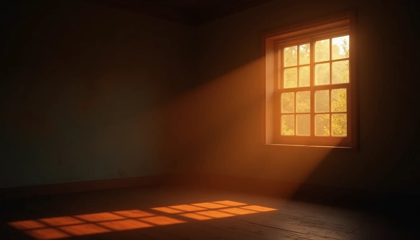 Dusk light floods through a window into an empty room, casting long amber shadows.
