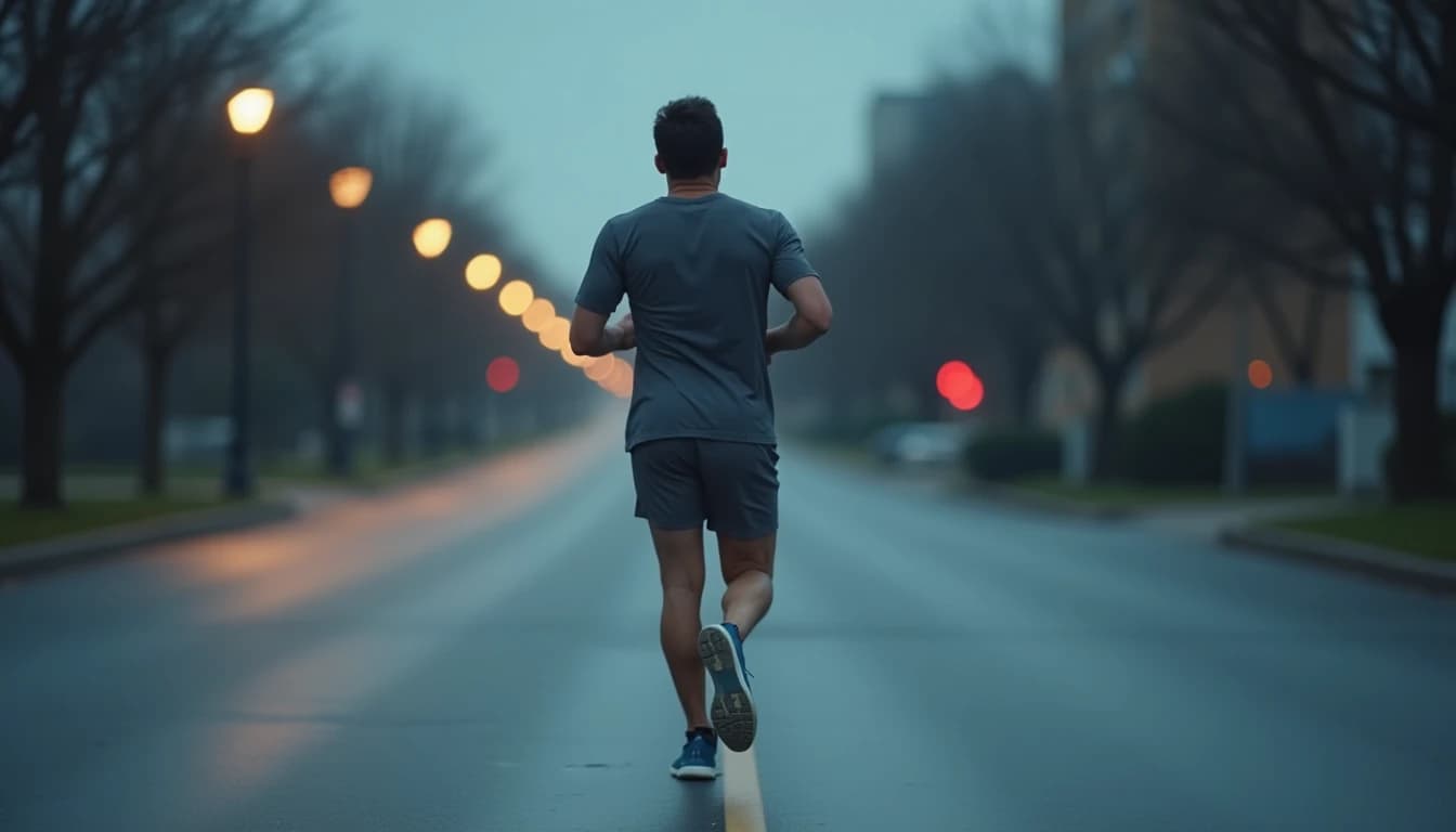 Solitary jogger in faded gray leaning forward mid-stride on wet urban pavement at dawn.
