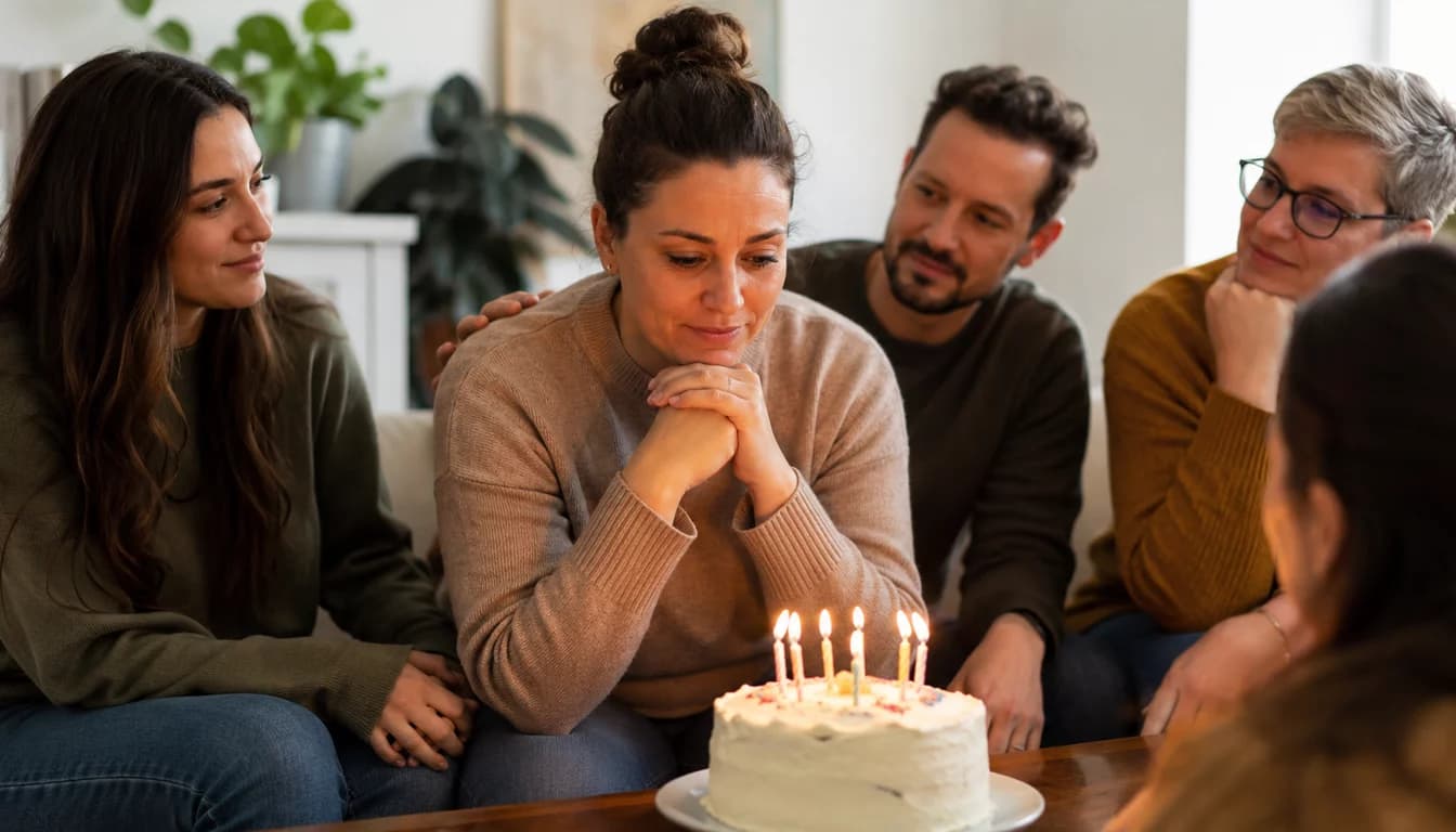 Lonely birthday cake with unlit candles beside a glowing smartphone on a kitchen counter.