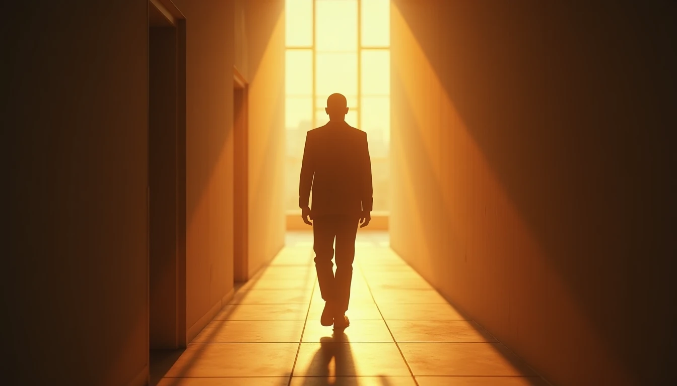 Figure walking from behind through a corridor bathed in warm golden light with soft shadows.