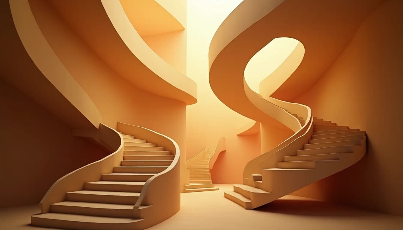 Interconnected spiral staircases with curved forms, warm amber tones and soft shadows