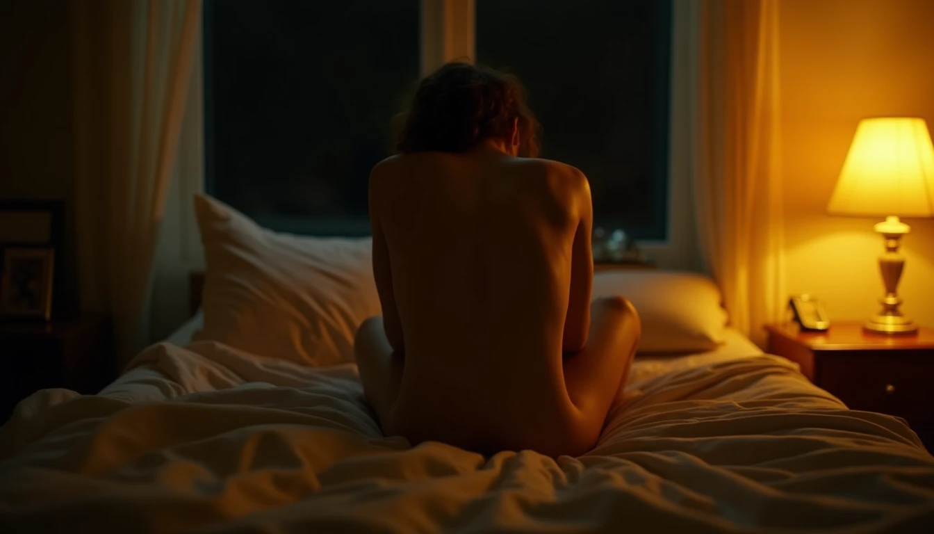Slumped back-turned figure on rumpled bed in golden amber light, dark window, exhausted posture.