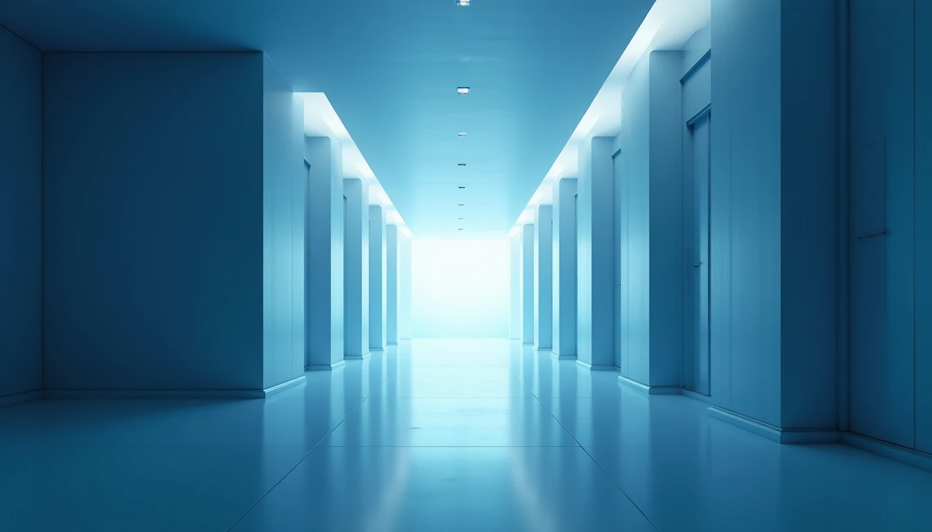 Serene minimal interior bathed in cool blue-hour dawn light with clean sharp architectural forms.