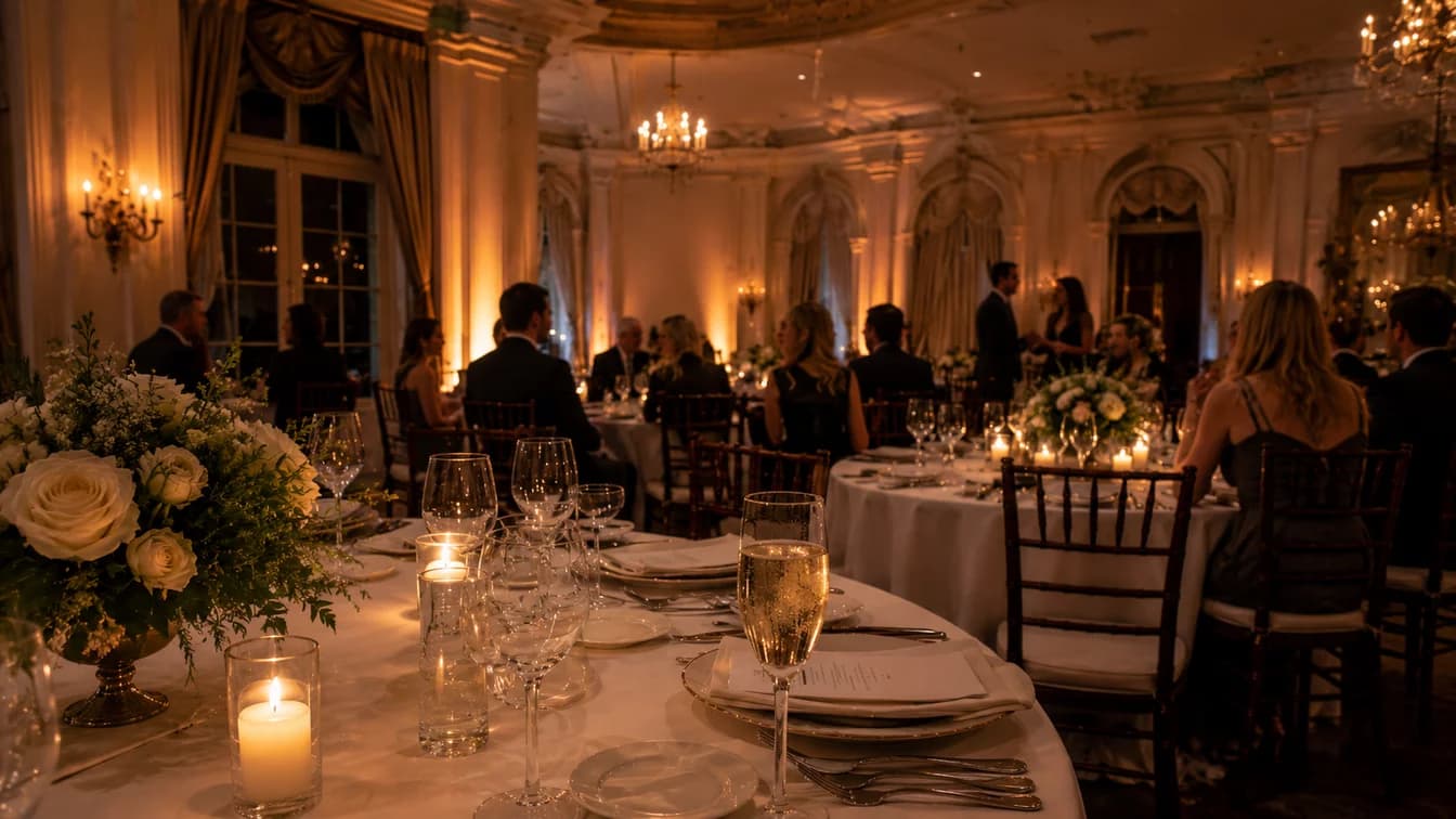 Candlelit wedding reception hall with seated guests, white rose centerpieces, and chandeliers.