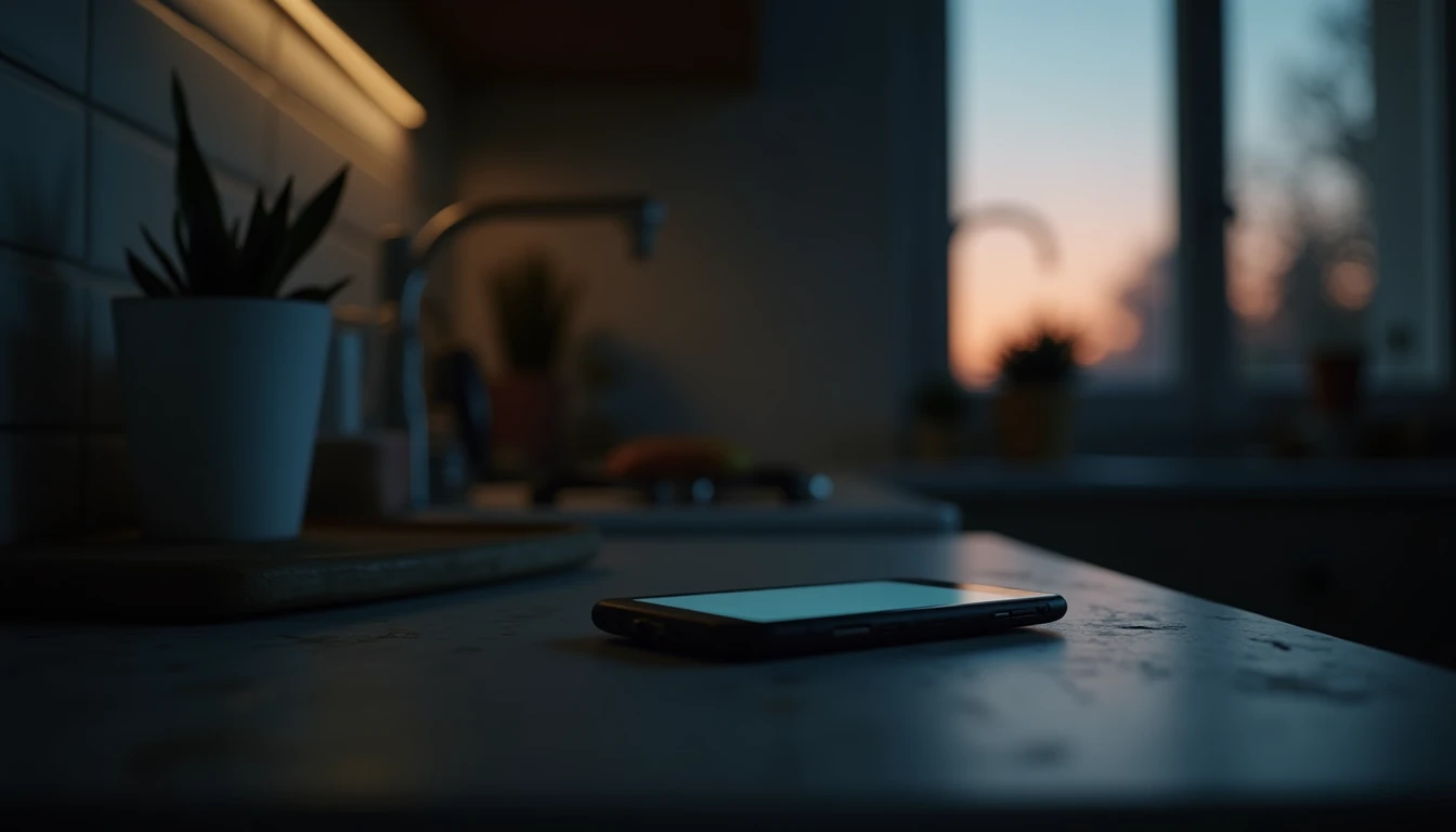 Kitchen counter at dusk, smartphone with half-drafted message, cool window light and deepening shadows.