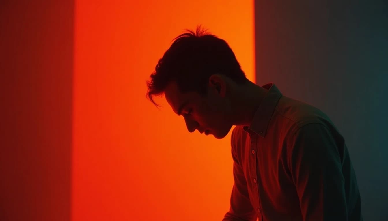 Figure in profile reaching forward, head shadowed, warm red-orange tones transition to cool blue-grey background