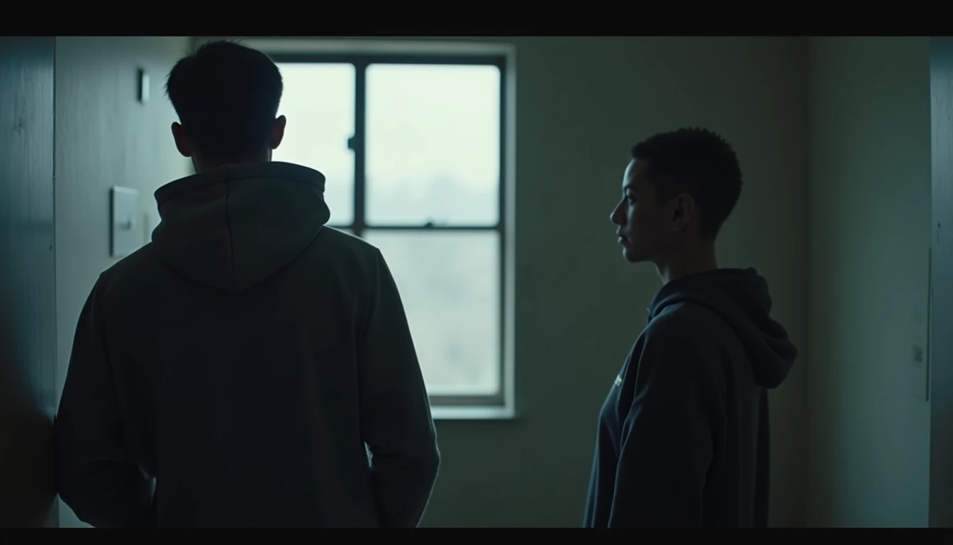 Two contemplative figures in muted interior, separated, one hooded, one turned away, cool light.