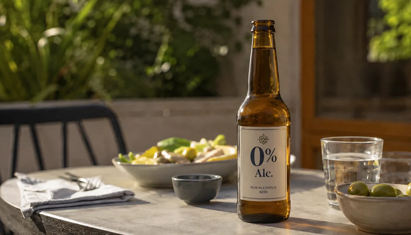 Unopened beer can with condensation sits on weathered picnic table beside empty paper plate.