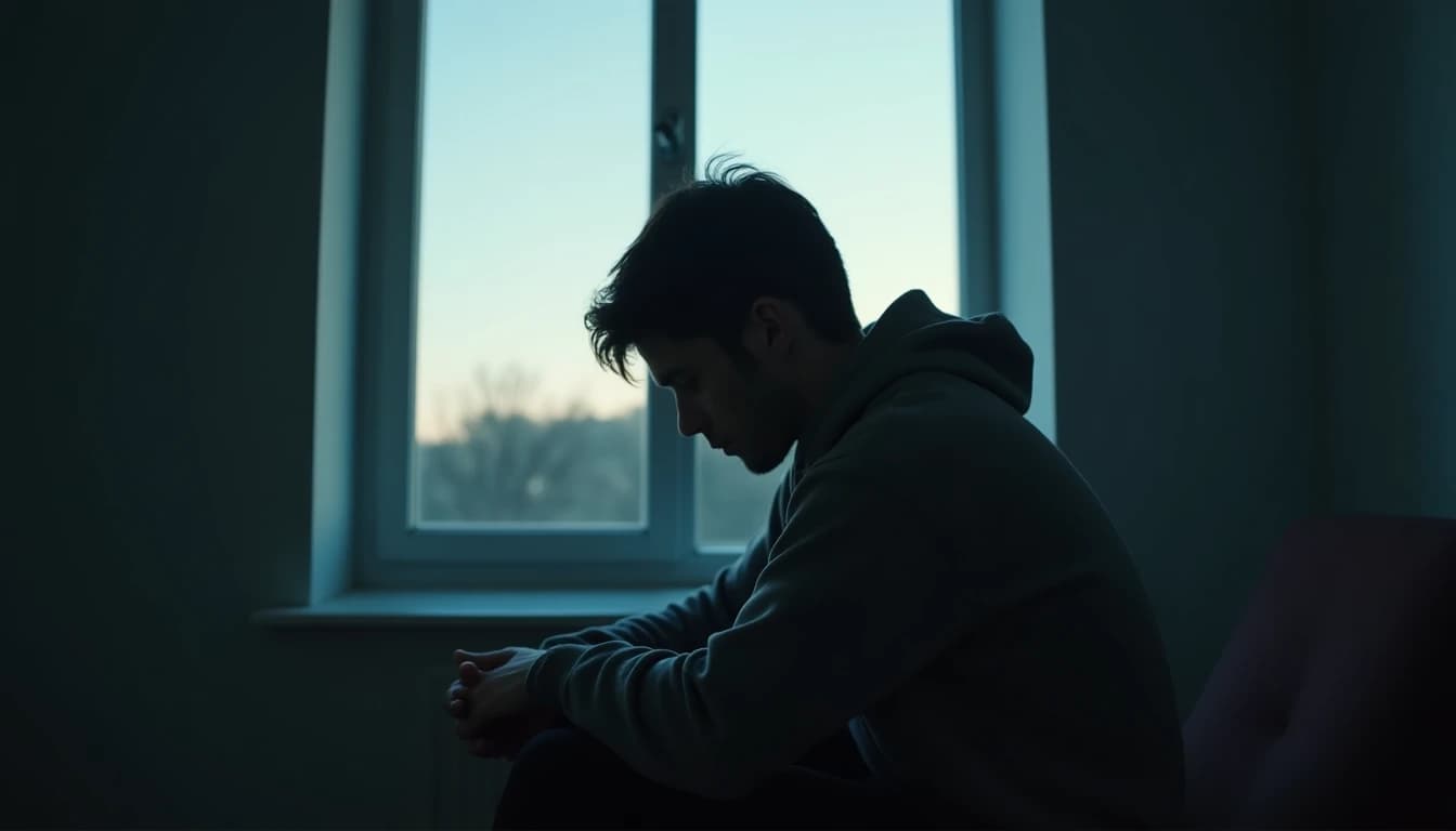 Solitary figure in gray hoodie hunched by window at dusk, pale light amid cool shadows.