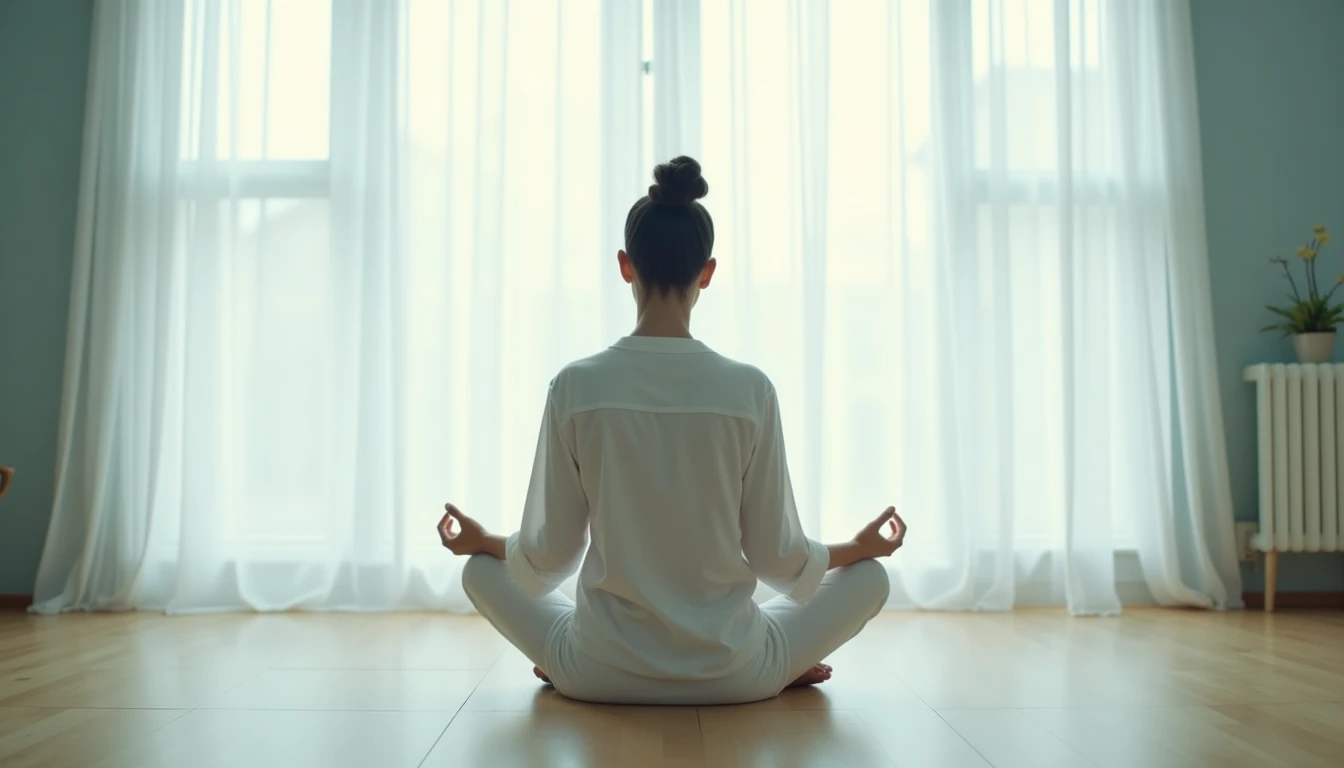 Seated person in cross-legged meditation, worn everyday clothing, soft morning window light, sparse room.